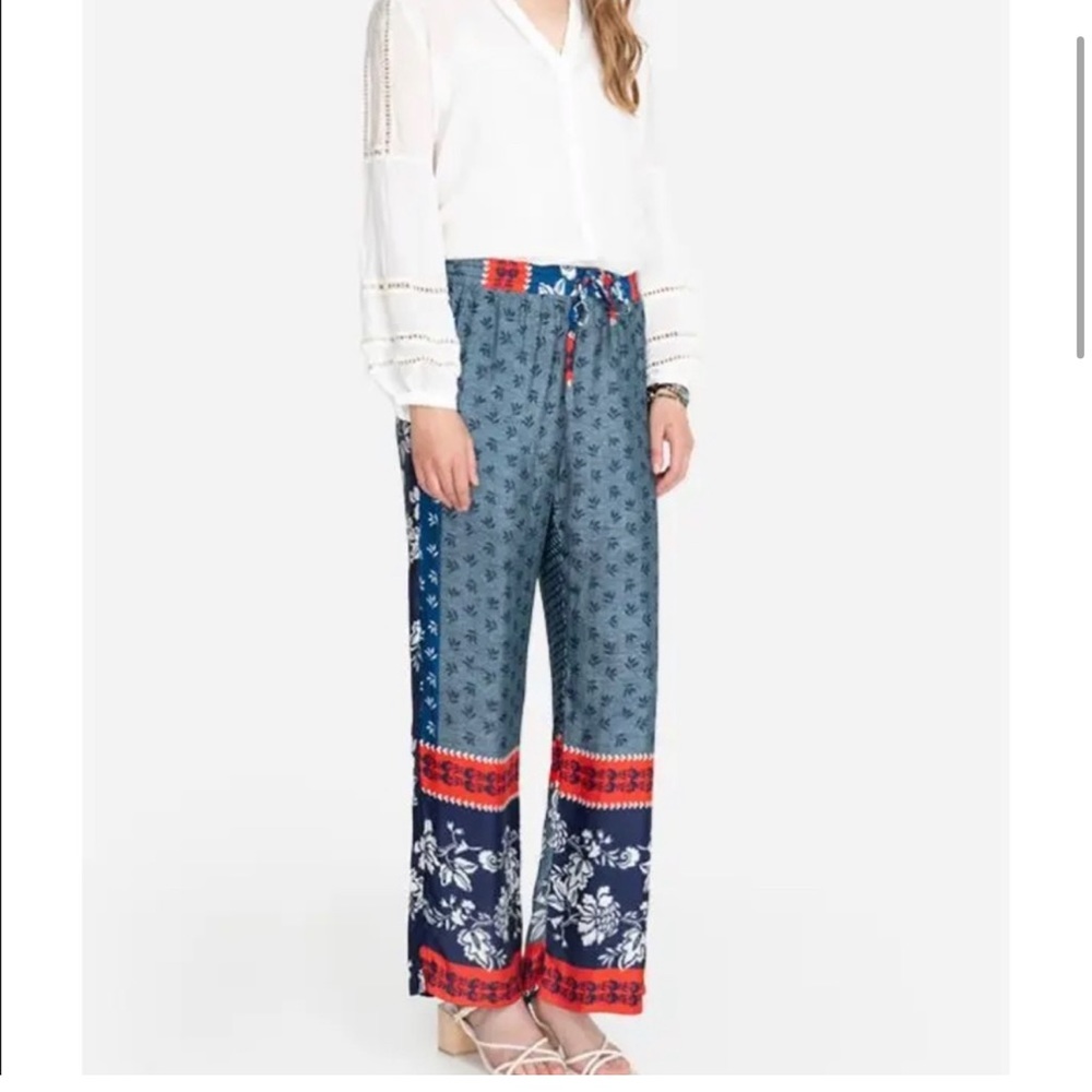 JOHNNY WAS Cupro Floral Patchwork Print Aurelia Pants L Red Blue